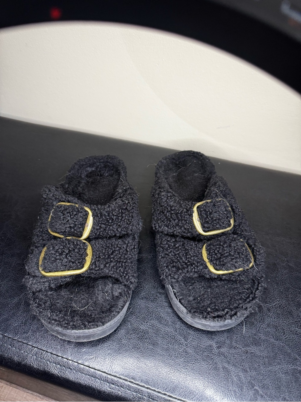 Cozy Black Fuzzy Double-Buckle Slide Mules